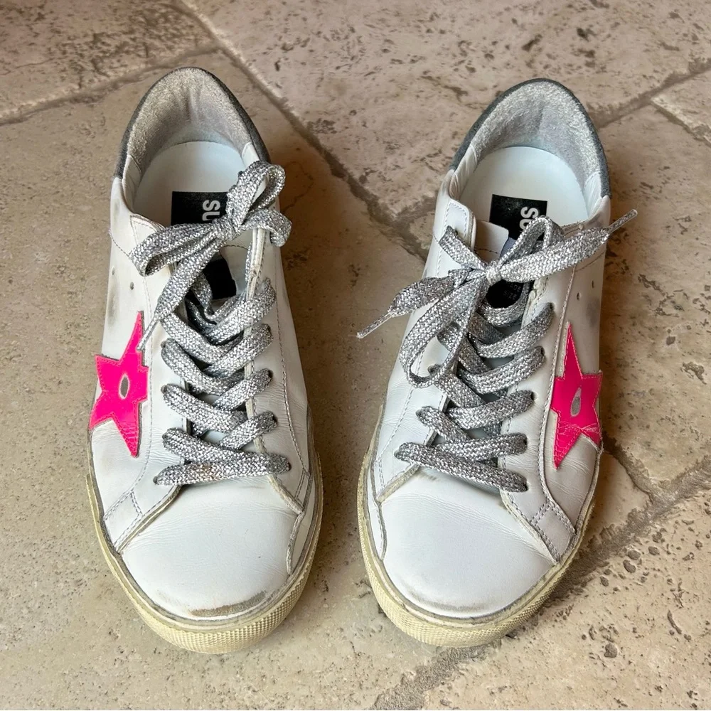 Golden Goose White Sneakers with Pink Star and Silver Laces